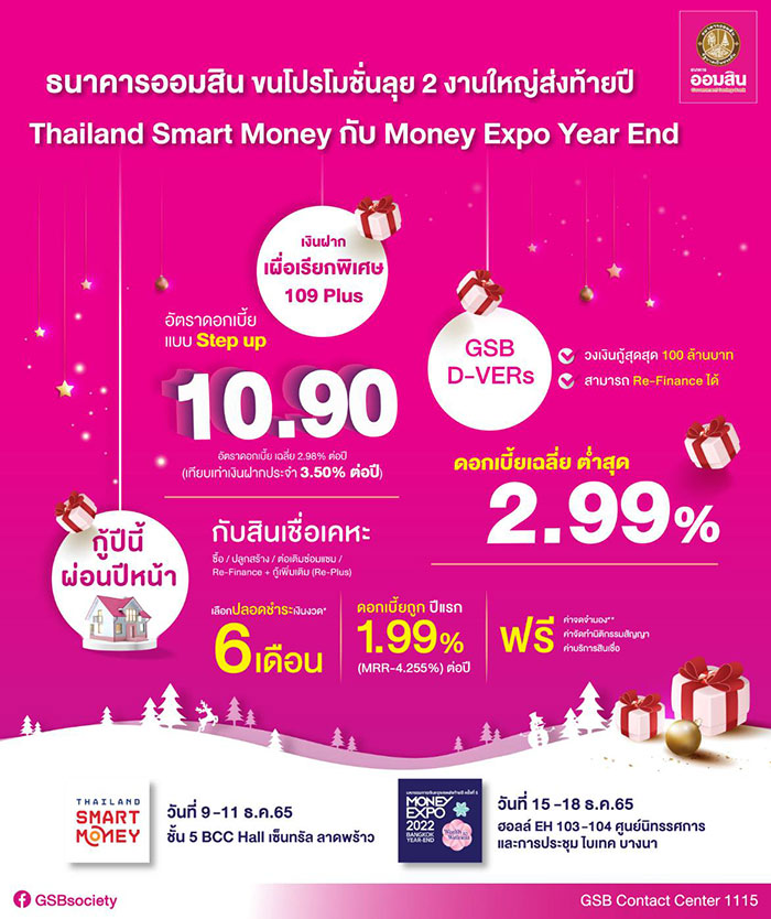 ออมสิน ขนโปรโมชั่นลุย 2 งานใหญ่ส่งท้ายปี Thailand Smart Money กับ Money Expo Year End ชูเงินฝากเผื่อเรียกพิเศษ 109 Plus ดอกเบี้ยขั้นบันได สูงสุด 10.90% ต่อปี จูงใจออมเงิน สินเชื่อบ้านกู้ปีนี้ผ่อนปีหน้า ปลอดชำระเงินงวด 6 เดือน สินเชื่อธุรกิจให้กู้สูงสุด 100 ล้าน ดอกเบี้ย 2.99%