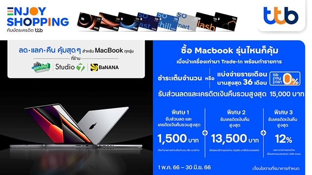 ซื้อ Macbook รุ่นไหนก็คุ้ม ด้วยบัตรเครดิตและบัตรกดเงินสด ttb  รับส่วนลดและเครดิตเงินคืน รวมสูงสุด 15,000 บาท