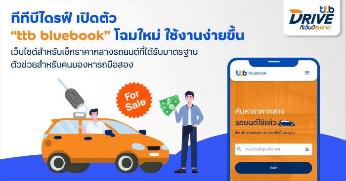 ทีทีบีไดรฟ์ เปิดตัว “ttb bluebook” โฉมใหม่ ใช้งานง่ายขึ้น เว็บไซต์สำหรับเช็กราคากลางรถยนต์ที่ได้รับมาตรฐาน ตัวช่วยสำหรับคนมองหารถมือสอง