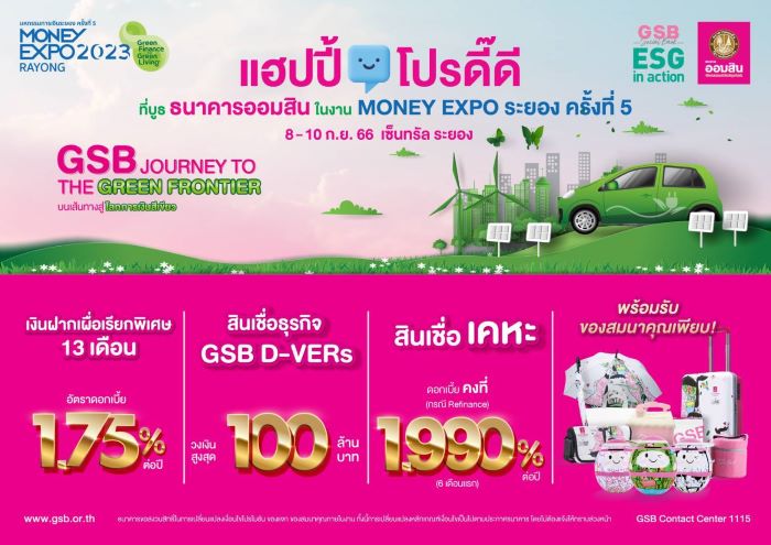 ออมสินจัดโปรโดนใจ งาน Money Expo ระยอง ครั้งที่ 5 ชูเงินฝาก 13 เดือน ดอกเบี้ยเทียบเท่าฝากประจำ 2.05% ต่อปี ไม่หักภาษี พร้อมด้วยขบวนสินเชื่อรักษ์โลกและสิ่งแวดล้อมล้นบูธ