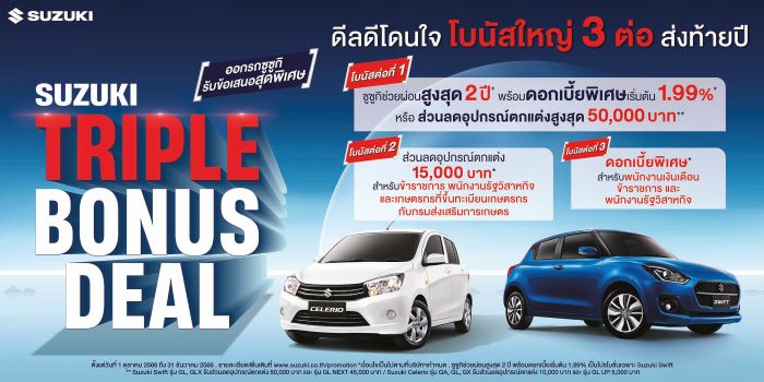 ‘ซูซูกิ’ จัดโบนัสใหญ่ส่งท้ายปี แคมเปญ “SUZUKI TRIPPLE BONUS DEAL” ช่วยผ่อน นาน 2 ปี เดือนละ 1,500 บาท หรือเลือกรับดอกเบี้ย 0% พิเศษสุด! ข้าราชการ รัฐวิสาหกิจ บุคลากรทางการแพทย์  รวมถึงเกษตรกรได้ใช้รถคุณภาพในราคาเข้าถึงได้ รับส่วนลดเพิ่มเติมอีก 15,000 บาท