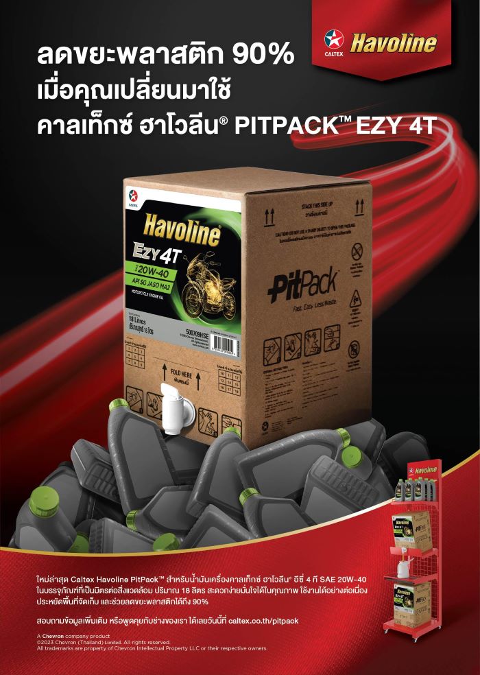 คาลเท็กซ์ ฮาโวลีน เปิดตัว PitPack™ นวัตกรรมบรรจุภัณฑ์น้ำมันหล่อลื่น  ลดขยะพลาสติกได้ถึง 90% พร้อมช่วยควบคุมปริมาณการใช้น้ำมันหล่อลื่นตามต้องการ