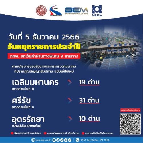 5 ธันวาคม 2566 กทพ. ยกเว้นค่าผ่านทางพิเศษ 3 สายทาง