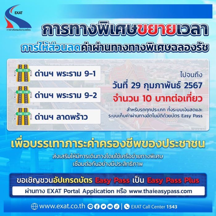 กทพ. คงการให้ส่วนลดค่าผ่านทางของทางพิเศษฉลองรัช ที่ด่านฯ พระราม 9-1 ด่านฯ พระราม 9-2 และด่านฯ ลาดพร้าว จนถึงวันที่ 29 กุมภาพันธ์ 2567