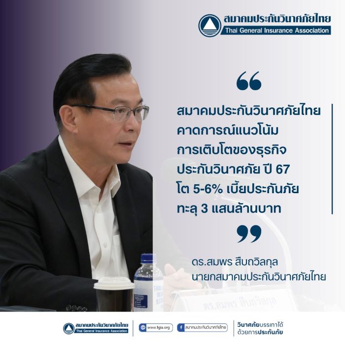 สมาคมประกันวินาศภัยไทย คาดผลประกอบการธุรกิจประกันวินาศภัย ปี 66 เติบโต 4-5% ส่งผลปี 67 โต ต่อเนื่อง 5-6% เบี้ยประกันภัยทะลุ 3 แสนล้านบาท