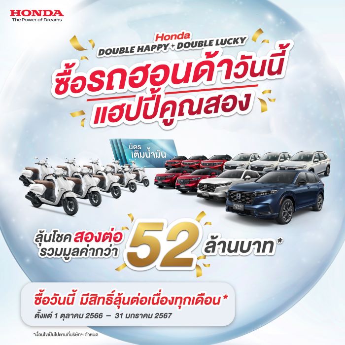 ฮอนด้า จับจริง แจกจริง โค้งสุดท้าย ลุ้นรางวัลต่อเนื่องสองต่อ จากแคมเปญ “Honda Double Happy, Double Lucky ซื้อรถฮอนด้าวันนี้ แฮปปี้คูณสอง” เมื่อซื้อและรับรถยนต์ฮอนด้า ภายใน 31 ม.ค. 2567