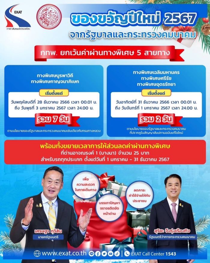 กทพ. มอบของขวัญปีใหม่ประชาชนตามนโยบายของรัฐบาล และกระทรวงคมนาคม โดยการยกเว้นค่าผ่านทางพิเศษ และขยายเวลาการให้ส่วนลดค่าผ่านทาง