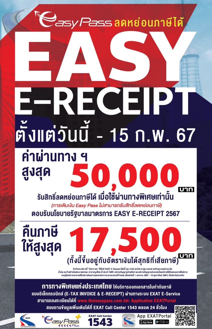 กทพ. เข้าร่วมนโยบายรัฐบาล ตามมาตรการลดหย่อนภาษี 2567 ผู้ใช้บัตร Easy Pass ผ่านทางรับสิทธิ์ลดหย่อนภาษีตามจำนวนที่จ่ายจริง ไม่เกิน 50,000 บาท สามารถคืนภาษีให้สูงสุด 17,500 บาท ตั้งแต่บัดนี้ – 15 ก.พ. 67