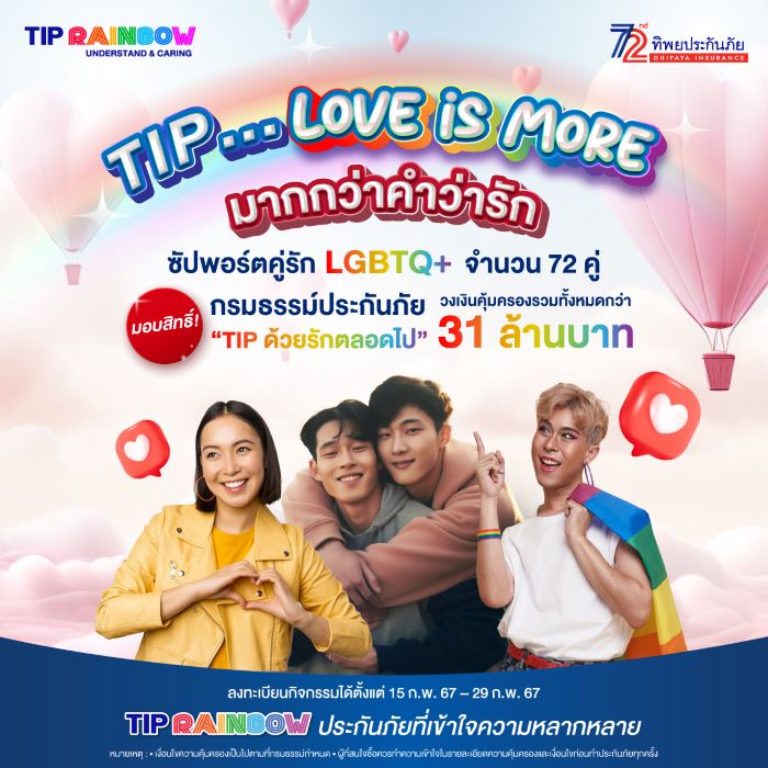 TIP Rainbow โดยทิพยประกันภัย ฉลองวันวาเลนไทน์ มอบกรมธรรม์ประกันภัย "TIP ด้วยรักตลอดไป" ให้กับคู่ รัก LGBTQ+