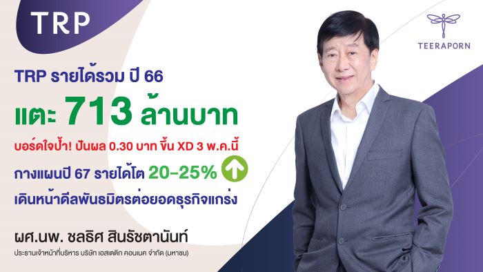 TRP ปี 66 กวาดรายได้ 713 ล้านบาท  บอร์ดใจป้ำปันผล 0.30 บาท ขึ้น XD 3 พ.ค.นี้  กางแผนปี 67 เติบโต15-25% ซุ่มหาพันธมิตรต่อยอดธุรกิจ