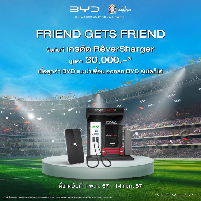 เรเว่ ออโตโมทีฟ จัดเต็ม แคมเปญ BYD Euro Privilege ต้อนรับฟุตบอลยูโร 2024 ชวนเพื่อนซื้อ BYD รับฟรี! 30,000 เครดิต ชาร์จรถไฟฟ้ากับ RÊVERSHARGER ทั่วประเทศ