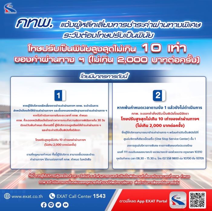 กทพ. แจ้งผู้หลีกเลี่ยงการชำระค่าผ่านทางพิเศษ ระวังต้องโทษปรับเป็นพินัย