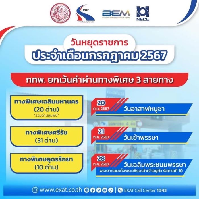 วันที่ 20 - 21 และ 28 กรกฎาคม 2567 กทพ. ยกเว้นค่าผ่านทางพิเศษ 3 สายทาง