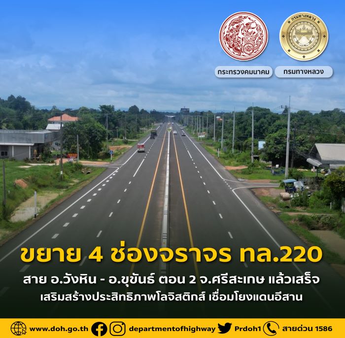 ขยาย 4 ช่องจราจร ทล.220 สาย อ.วังหิน - อ.ขุขันธ์ ตอน 2 จ.ศรีสะเกษ แล้วเสร็จ เสริมสร้างประสิทธิภาพโลจิสติกส์ เชื่อมโยงแดนอีสาน