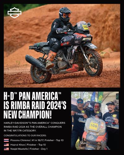 ทีม Harley-Davidson® Pan America™ คว้าแชมป์ในการแข่งขัน Rimba Raid 2024  ทีมนักแข่งพารถมอเตอร์ไซค์ Harley-Davidson Pan America 1250 Special  ชนะการแข่งขันประเภท Masterclass Big Wheel พร้อมครองอันดับต้นในการแข่งขันรถมอเตอร์ไซค์สุดหฤโหดประจำภูมิภาคเอเชียตะวันออกเฉียงใต้