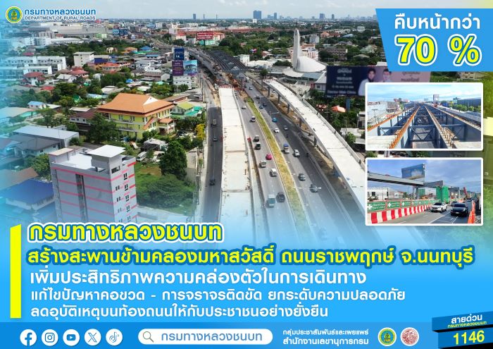 กรมทางหลวงชนบท สร้างสะพานข้ามคลองมหาสวัสดิ์ ถนนราชพฤกษ์ จ.นนทบุรี คืบหน้า 70%