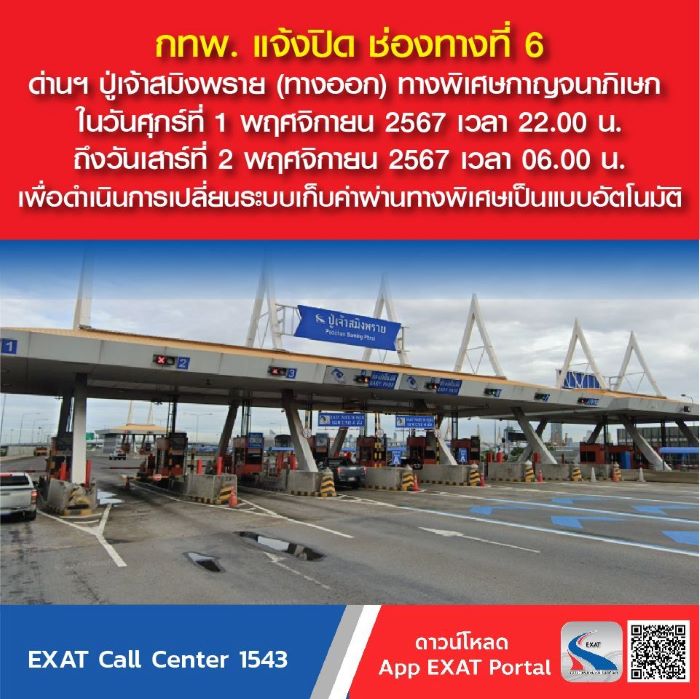 กทพ. แจ้งปิด ช่องทางที่ 6 ด่านฯ ปู่เจ้าสมิงพราย (ทางออก) ทางพิเศษกาญจนาภิเษก ในวันศุกร์ที่ 1 พฤศจิกายน 2567 เวลา 22.00 น. ถึงวันเสาร์ที่ 2 พฤศจิกายน 2567 เวลา 06.00 น. เพื่อดำเนินการเปลี่ยนระบบเก็บค่าผ่านทางพิเศษเป็นแบบอัตโนมัติ