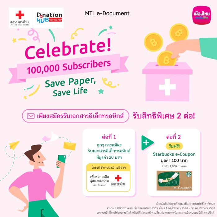 เมืองไทยประกันชีวิต เปิดตัวแคมเปญ “Save Paper, Save Life” ชวนลูกค้าสมัครรับเอกสารอิเล็กทรอนิกส์ พร้อมร่วมบริจาคเงินช่วยเหลือผู้ประสบภัยผ่านสภากาชาดไทย