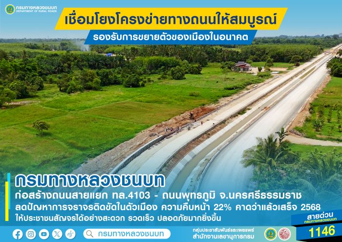 กรมทางหลวงชนบท ก่อสร้างถนนสายแยก ทล.4103 - ถนนพุทธภูมิ จ.นครศรีธรรมราช เชื่อมโยงโครงข่ายทางถนนให้สมบูรณ์ รองรับการขยายตัวของเมืองในอนาคต ลดปัญหาการจราจรติดขัดในตัวเมือง ให้ประชาชนสัญจรได้อย่างสะดวก รวดเร็ว ปลอดภัยมากยิ่งขึ้น