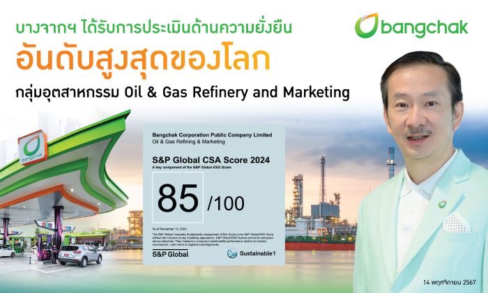 บางจากฯ ได้รับการประเมินด้านความยั่งยืนอันดับสูงสุดของโลก  จาก S&P Global 2024 ในกลุ่มอุตสาหกรรม Oil & Gas Refinery and Marketing