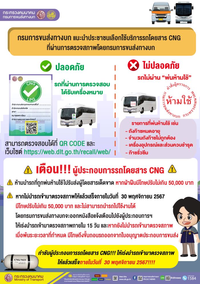 กรมการขนส่งทางบก แนะนำประชาชนเลือกใช้บริการรถโดยสาร CNG ที่ผ่านการตรวจสภาพโดยกรมการขนส่งทางบก